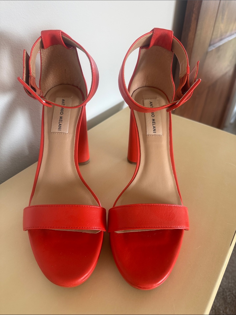 ANTONIO MELANI Bright Orange Ankle-Strap Block Heels